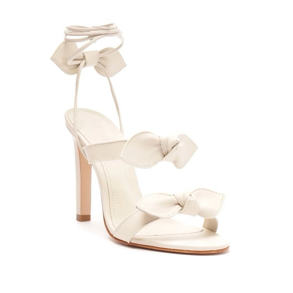 SCHUTZ Alia High Heel Sandals 7B White Leather Bows Ankle Wrap Bridal Wedding